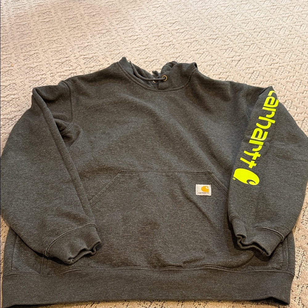 Carhartt Men's Charcoal hoodie size small with Neon Logo